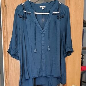 Maurices Bluish Green Blouse with Tassel Accents